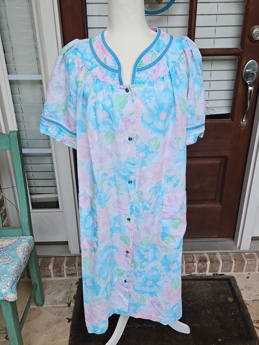 Pastel Floral Button-Front Nightgown - Blue & Pink